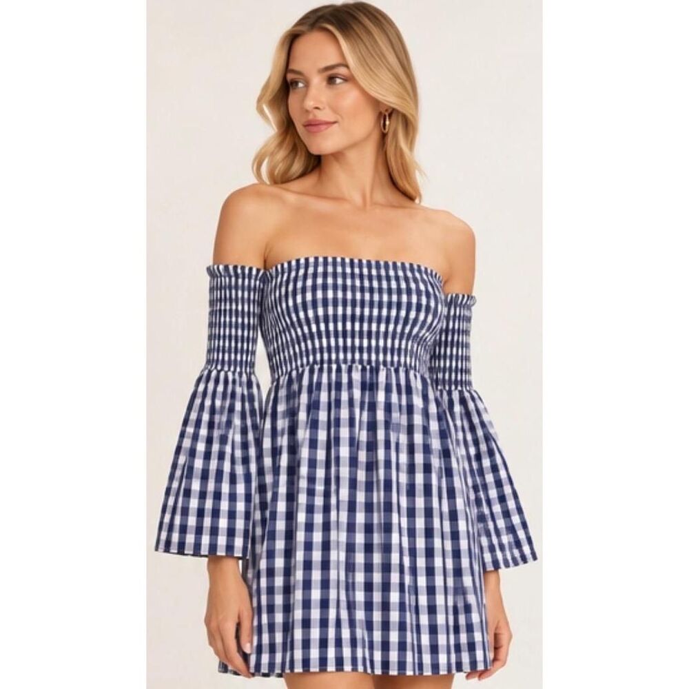 Milly Navy Blue Gingham Smocked Off the Shoulder Bell Sleeve Mini Dress XS